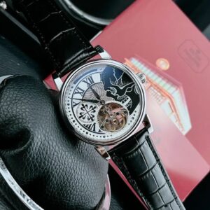 Patek Philippe Mechanical Watch With Black Leather Strap 40mm
